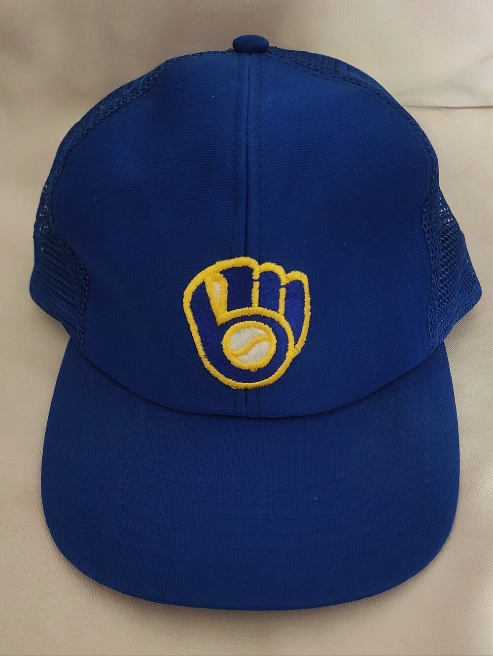 Milwaukee Brewers Men's Blue Trucker Mesh Snapback Ball Glove Logo Vintage Cap